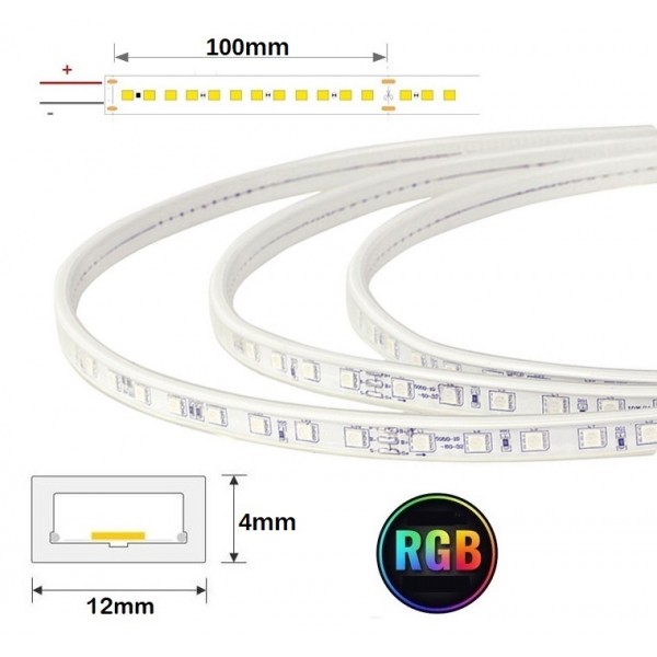 Tira LED 230V RGB 11W/mt 72L/mt. SMD 5050 IP67 12x4mm corte cada 100mm, Venta por metros, desde 10,00€/m